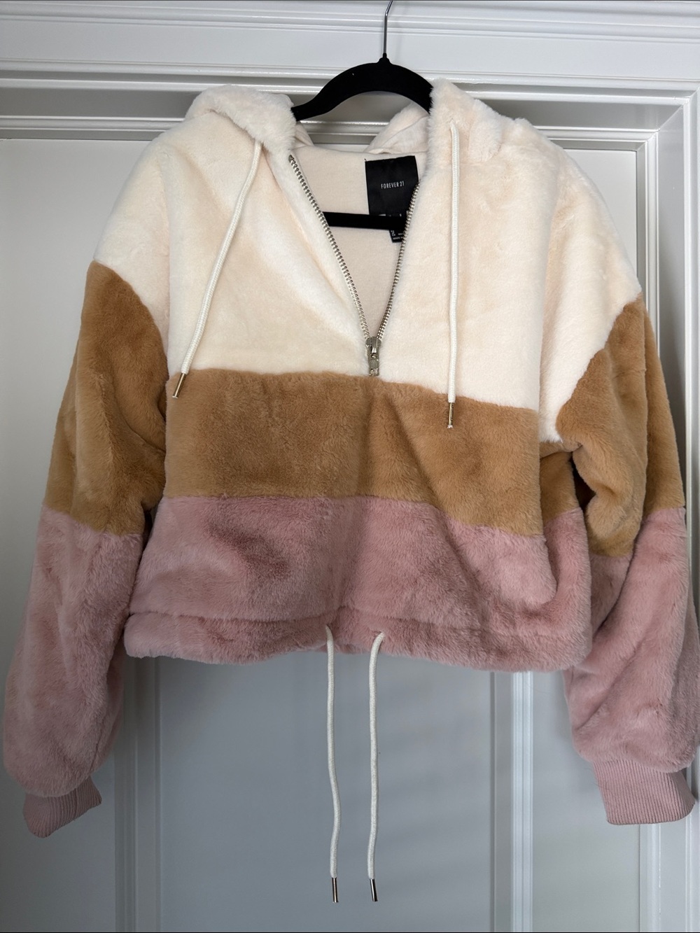 Forever 21 Colorblock Faux Fur Hoodie in Cream, Camel & Blush